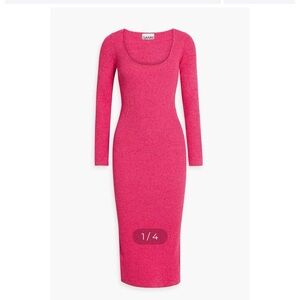 Ganni Hot Pink Long-Sleeve Ribbed Midi Dress